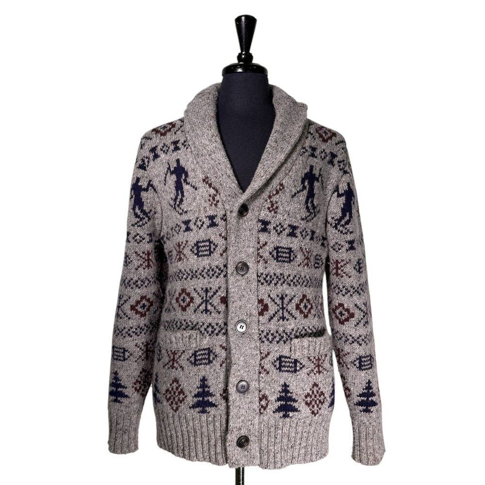 Schott Bros Mens Medium Wool Blend Fair Isle Cardigan Sweater Shawl Collar Ski